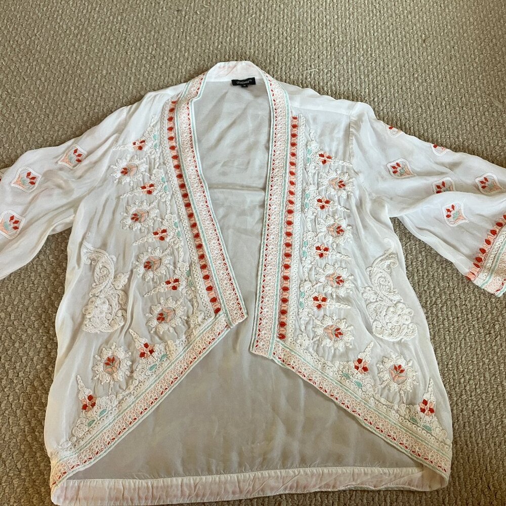 Tolani Embroidered Textured Kimono Womens Medium White Boho Topper Coverup